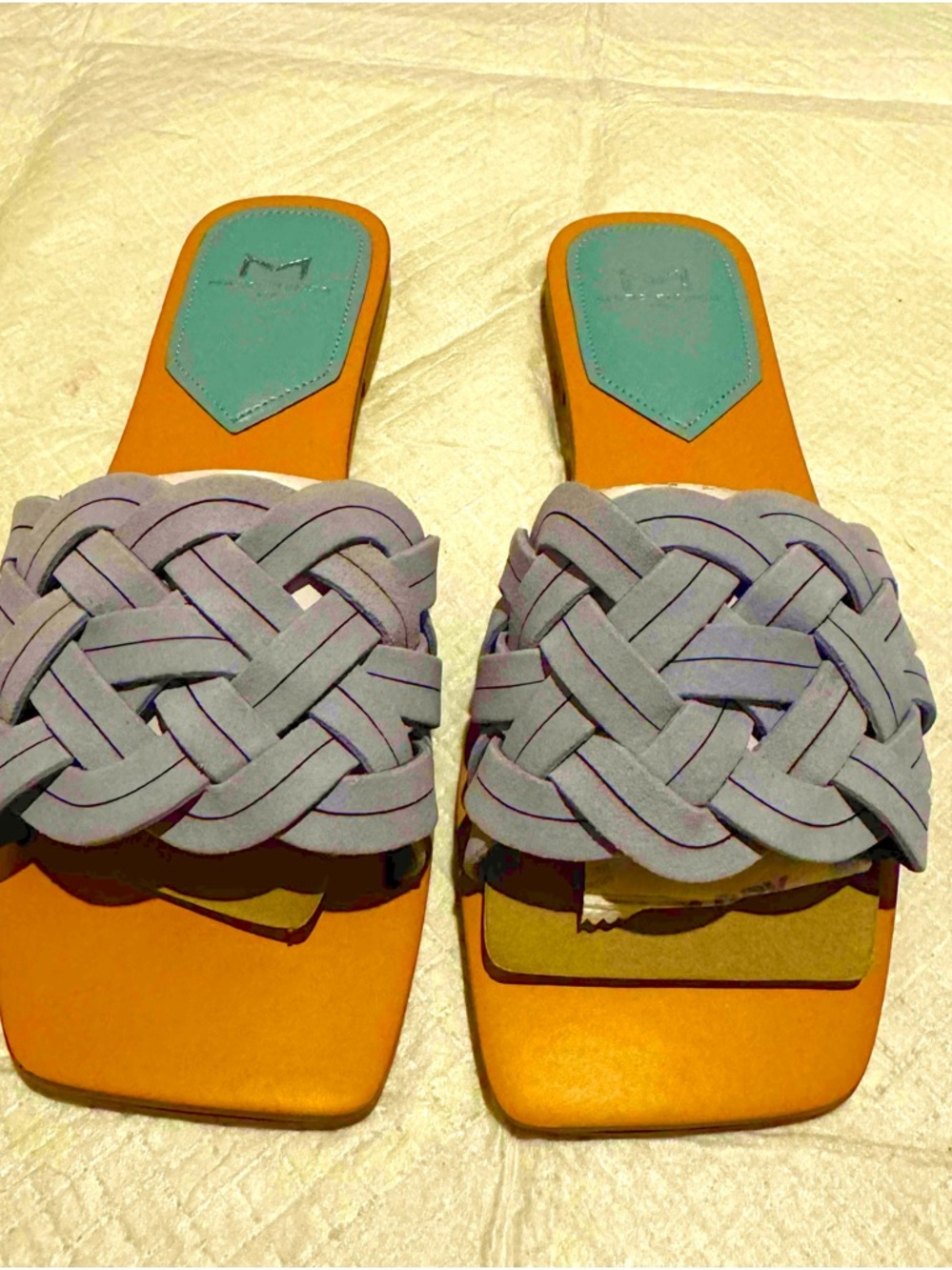 Marc Fisher light blue  Braided Slide Mules with Tan Footbed and Teal Inset